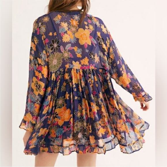 Free People Everything and More Chiffon Babydoll Mini Dress Floral Blue size XS - Picture 2 of 8